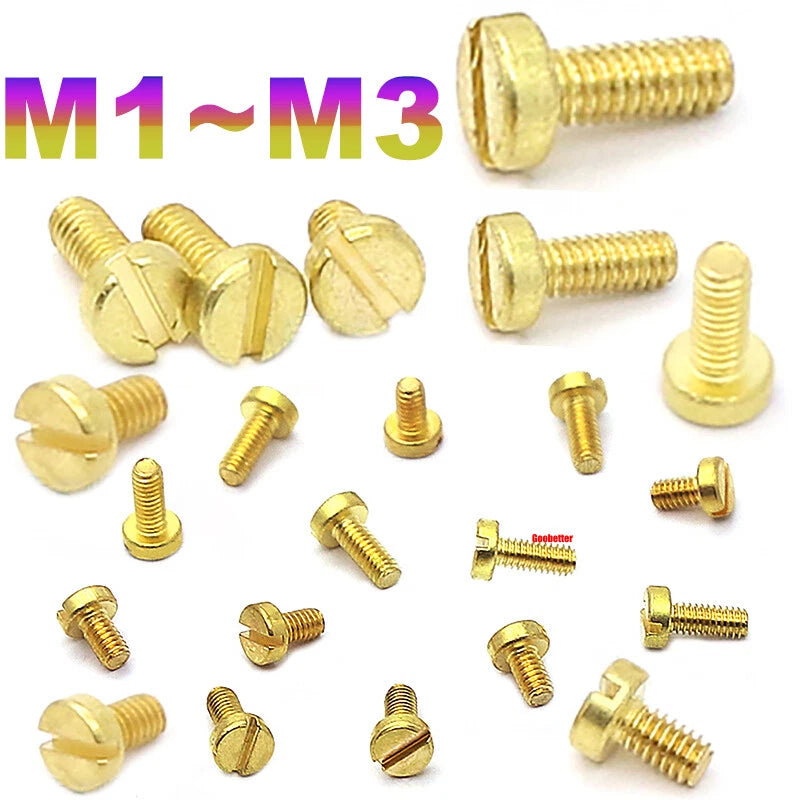 M1–M3 Brass Slotted Pan Head Machine Screws – DIN84, Flathead Drive, 2–10mm Lengths