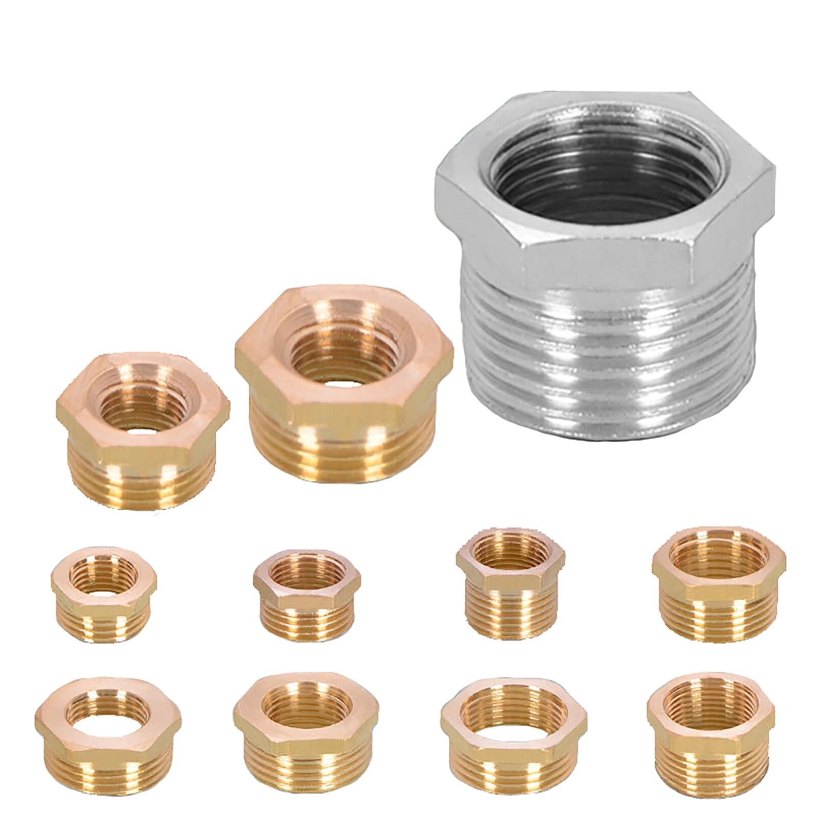 Brass Reducing Hex Bush BSP Fitting — Male to Female Thread Connector, Multiple Sizes