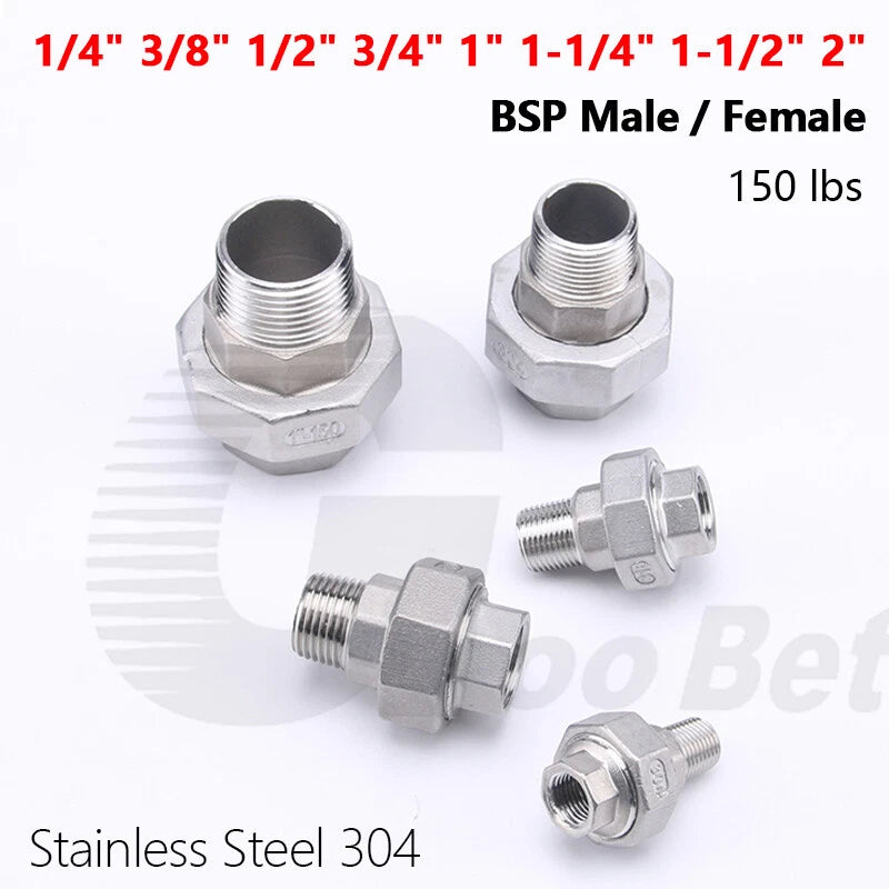 304 Stainless Steel Union BSP Male-Female Pipe Fitting Adapter — 1/4" to 2"