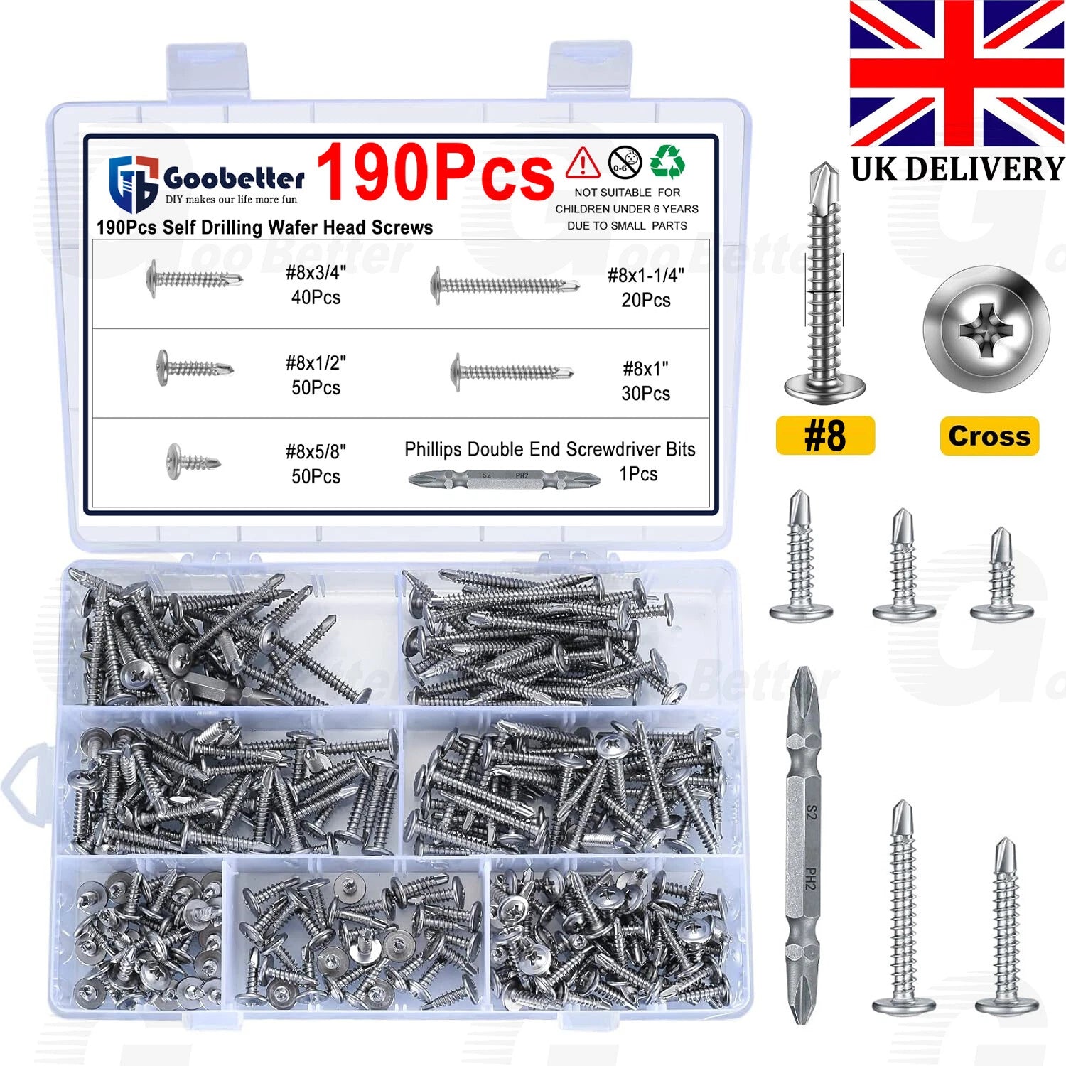 190pcs #8 Wafer Head Self Drilling Screws – 410 Stainless Steel, 1/2″ 5/8″ 3/4″ 1″ 1-1/4″