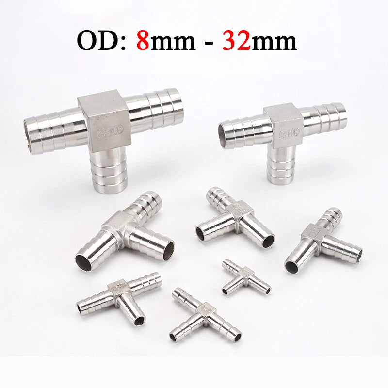 304 Stainless Steel Barbed Tee Hose Connector — T-Piece Hose Fitting 8mm to 32mm