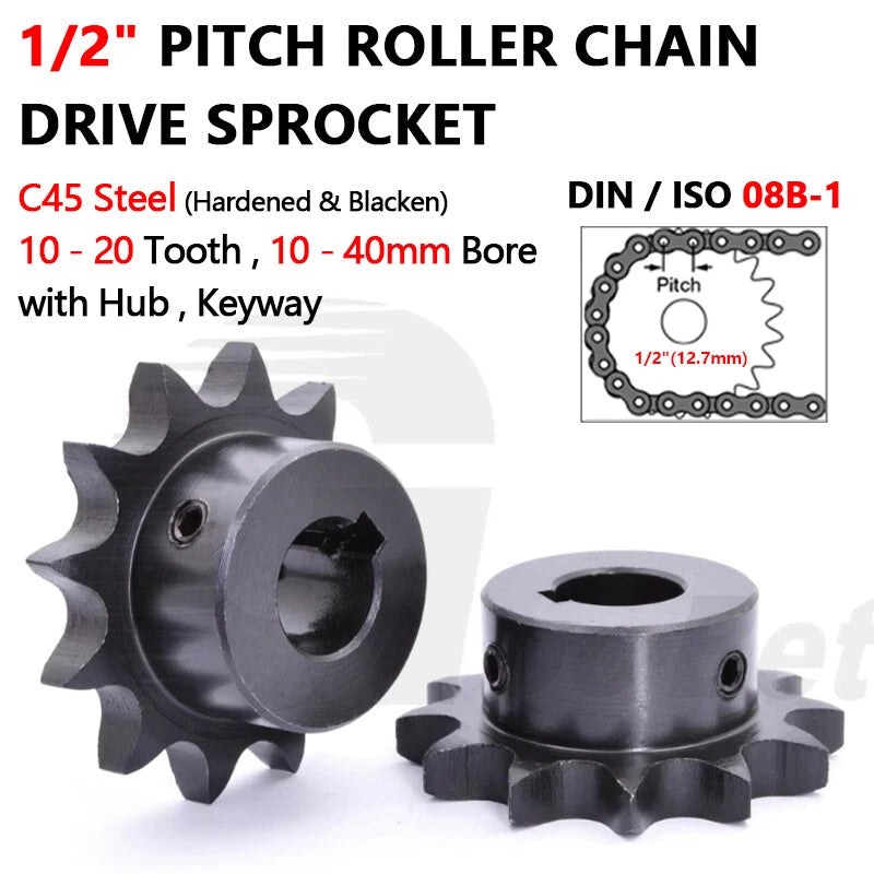 08B-1 1/2" Pitch Roller Chain Sprocket C45 Steel 10-20 Tooth 10-40mm Bore Black
