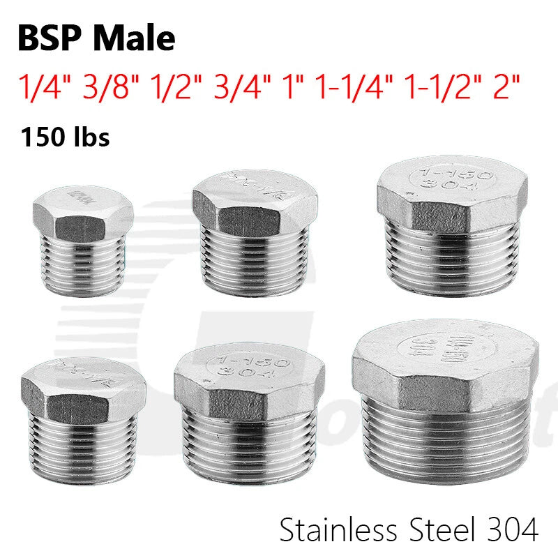 304 Stainless Steel BSP Male Thread Hex Plug — End Stopper Pipe Fitting (1/4" to 2")