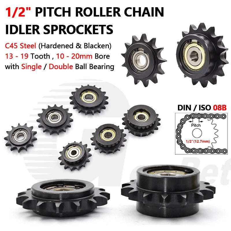 1/2" Pitch Steel Idler Sprocket with Ball Bearing for 08B Roller Chain Tensioner