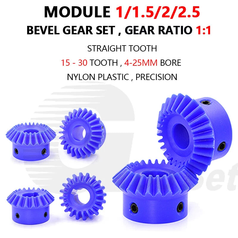 Module 1 1.5 2 2.5 Straight Bevel Gear Set 15 - 30 Tooth 1:1 Pairing Nylon Blue