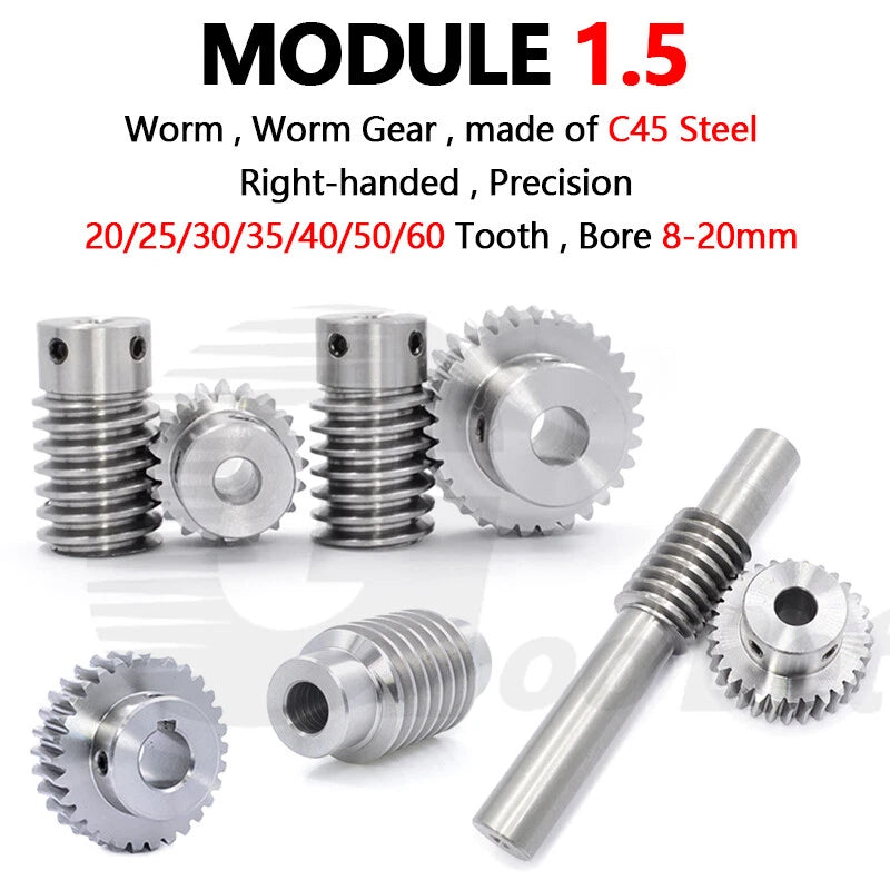 Module 1.5 Metal Worm Shaft Worm Gear Wheel C45 Steel 20/25/30/35/40/50/60 Tooth