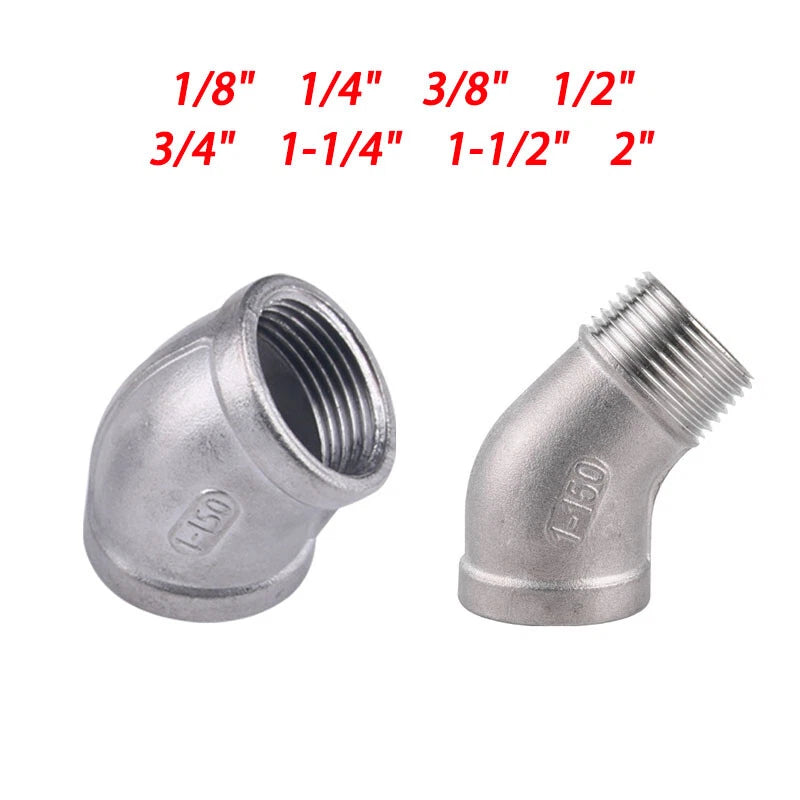 Stainless Steel 304 BSP 45° Elbow Pipe Fitting — Threaded Male × Female & Female × Female
