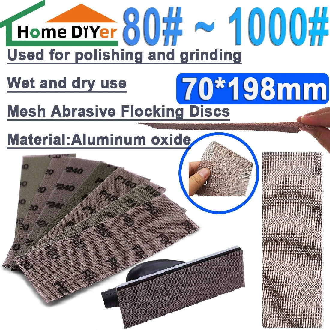 70x198mm Mesh Sanding Sheets — P80 to P1000 Grit Hook & Loop Sandpaper for Detail Sanders