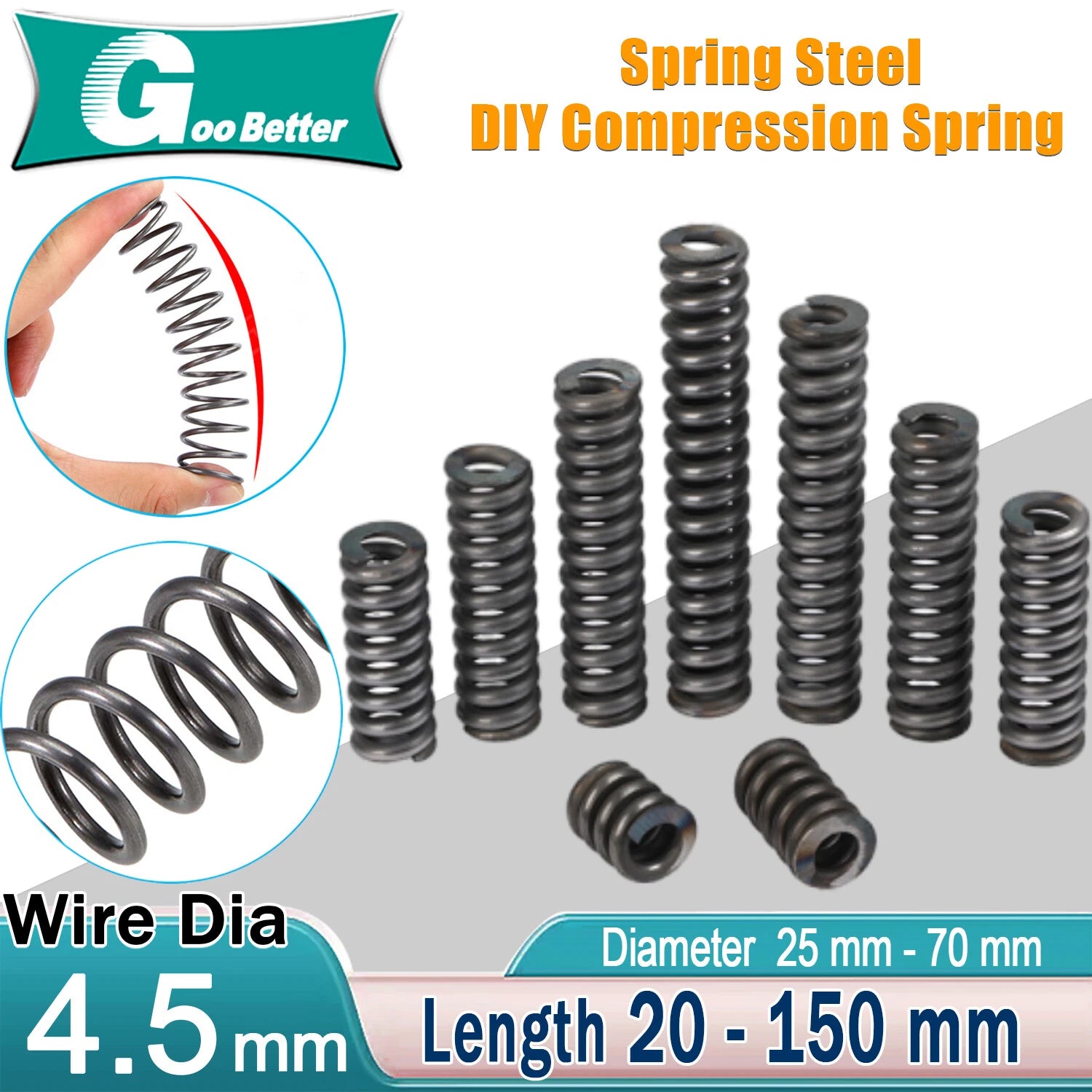 Compression Spring Steel 4.5mm Wire Diameter, 25-70mm OD, 30mm-150mm Long Spring