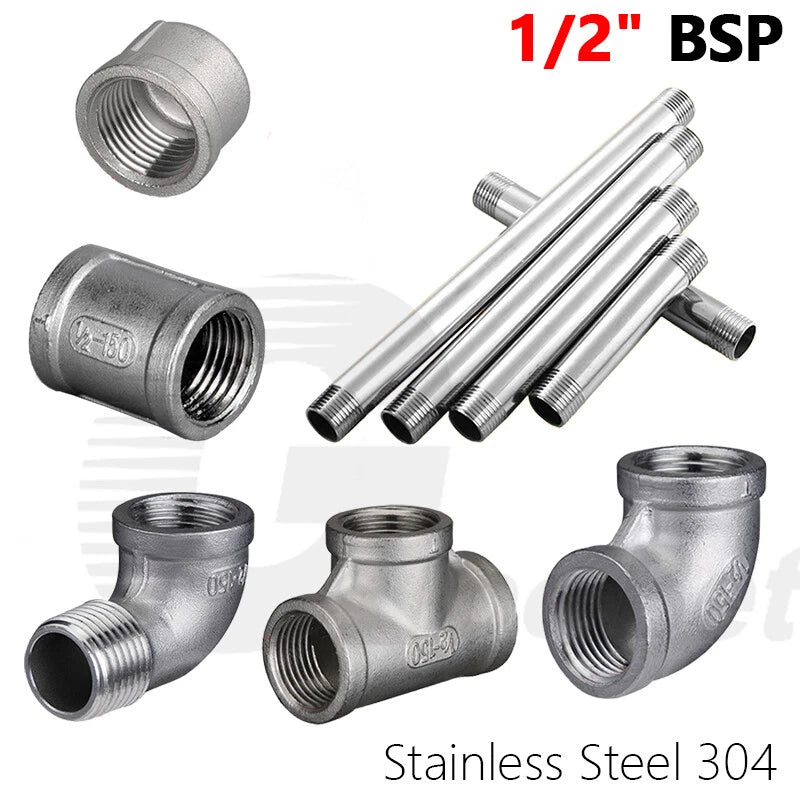 304 Stainless Steel 1/2" BSP Threaded Pipe Fittings — Nipple, Elbow, Tee, Socket & Cap