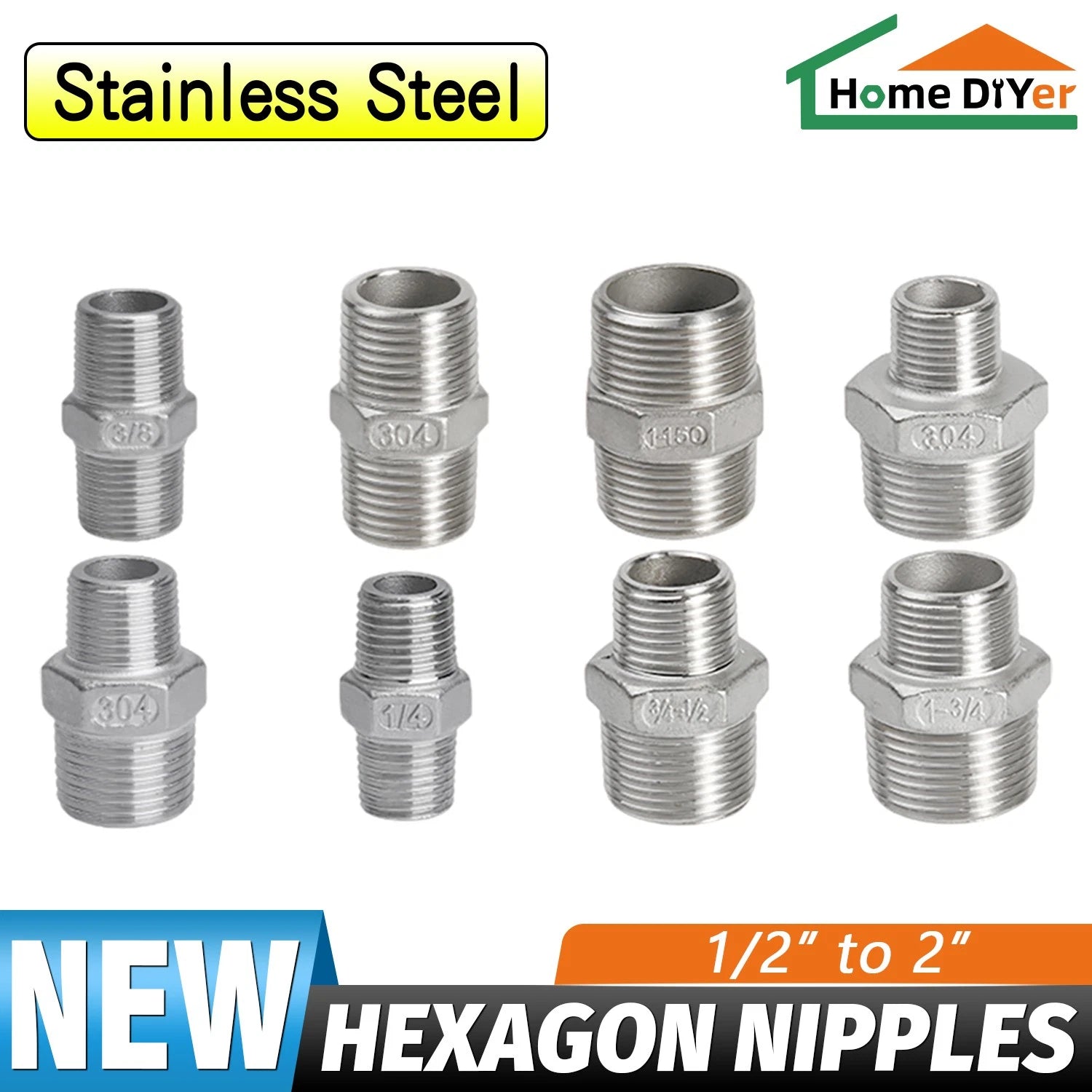 304 Stainless Steel Hex Nipple Pipe Fitting | Male to Male NPT Connector