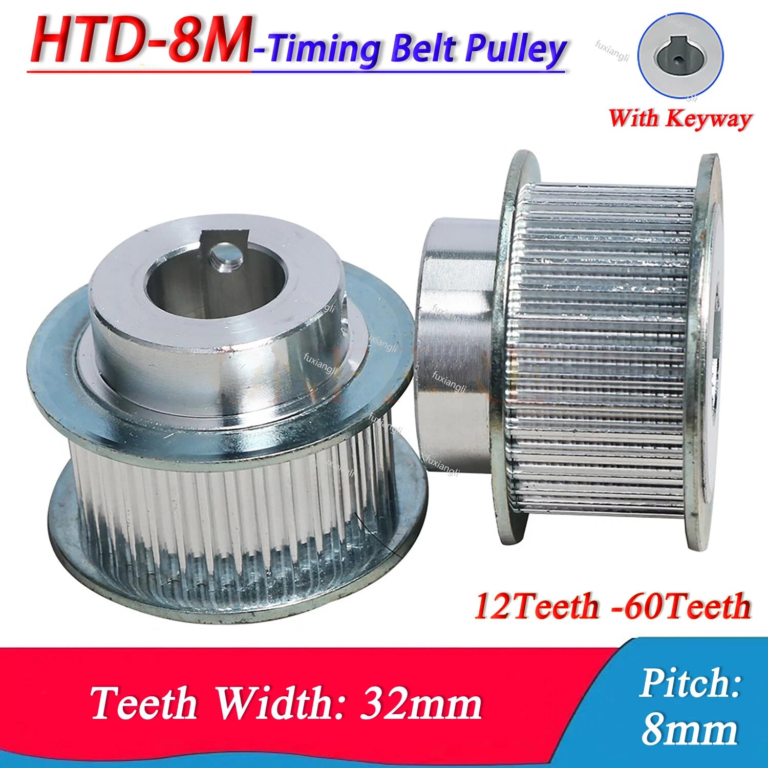 HTD-8M 12-60T Timing Belt Pulley Pitch 8mm With Keyway CNC Drive Wheel Width32mm