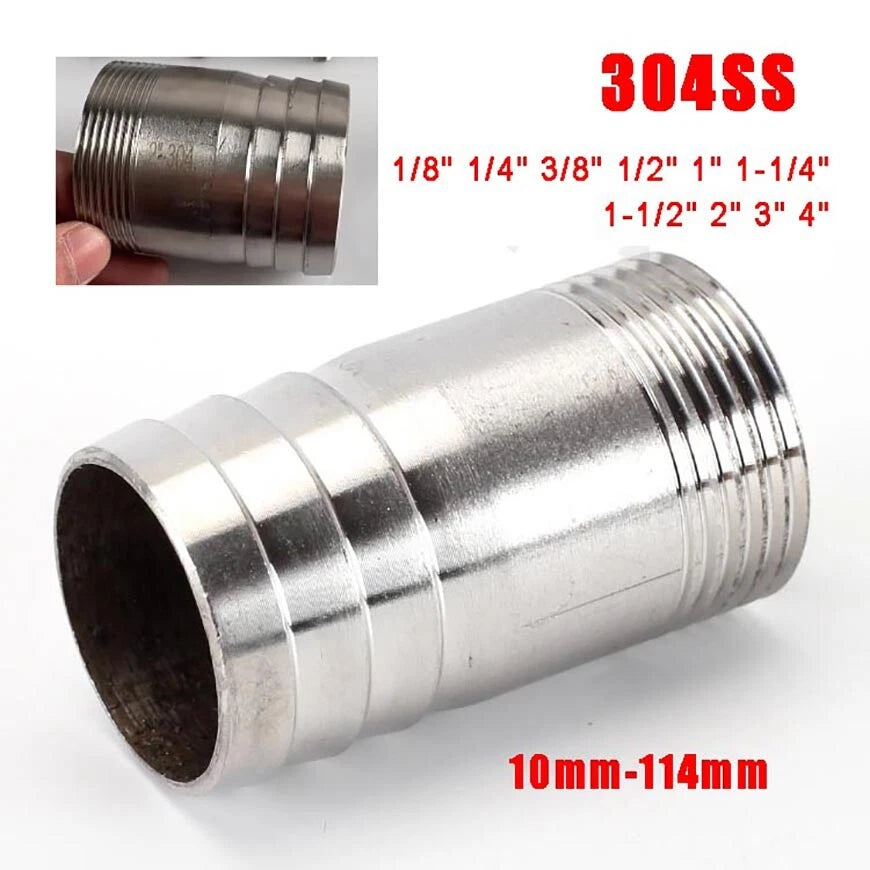 BSP Stainless Steel Barbed Hose Joiner Connector Tail — 1/8" to 4" Pipe Fitting