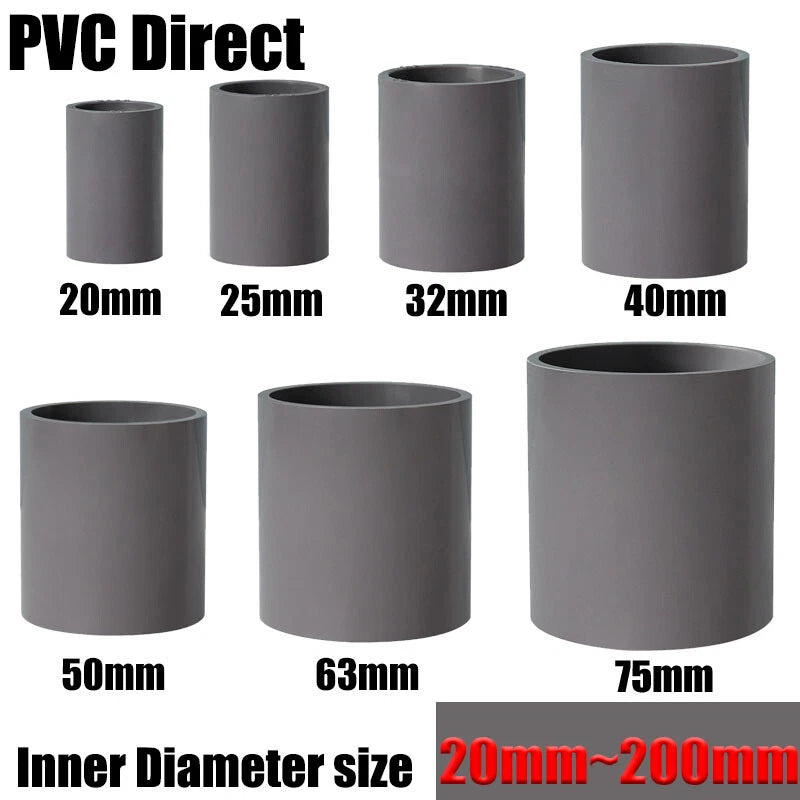 PVC Straight Pipe Coupling — Socket Slip Joint Fitting, 20–200mm (3/4" to 8"), Grey