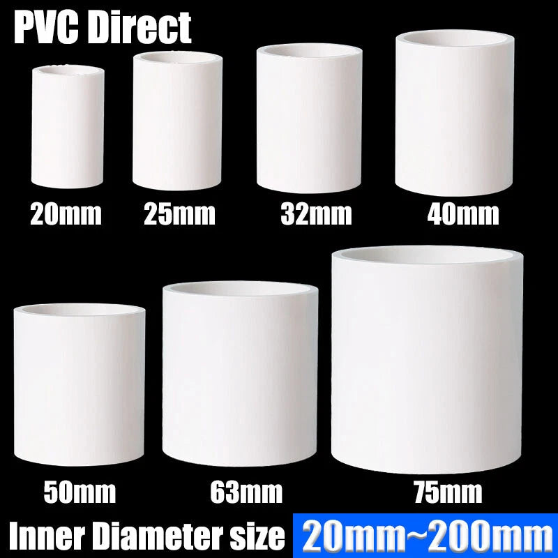PVC Straight Pipe Socket Coupling — White, 16mm–200mm Inner Diameter