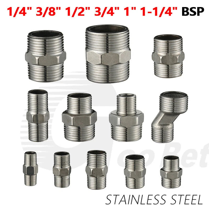 Stainless Steel Hex Nipple BSP Pipe Fitting — Male Thread Adapter 1/4" to 1-1/4"