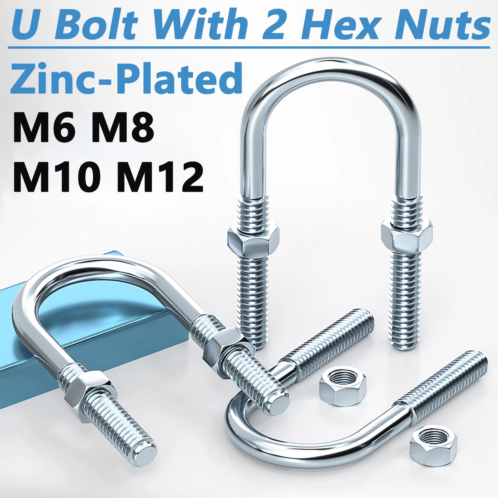 M6 M8 M10 M12 U Bolt With 2 Hex Nuts Zinc-Plated U-Bolts Clamp Pipe Tube Metric