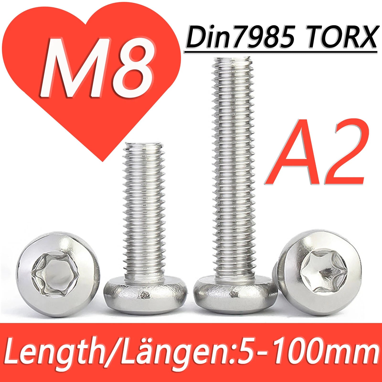 M8 A2 Stainless Steel Torx Pan Head Machine Screws Six Lobe Star Drive DIN 7985