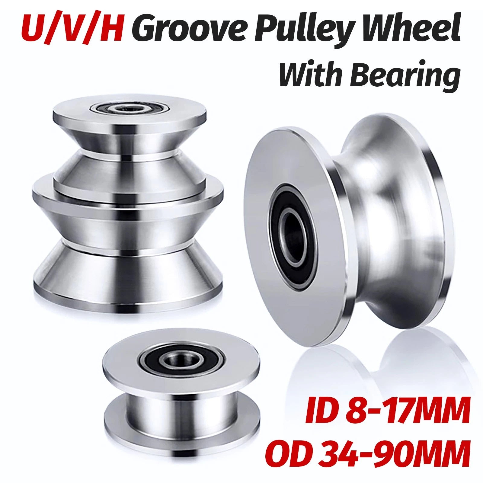 U/V/H Groove Pulley Wheel with Bearing OD 34-90mm for Rope or Wire Gym Pulley