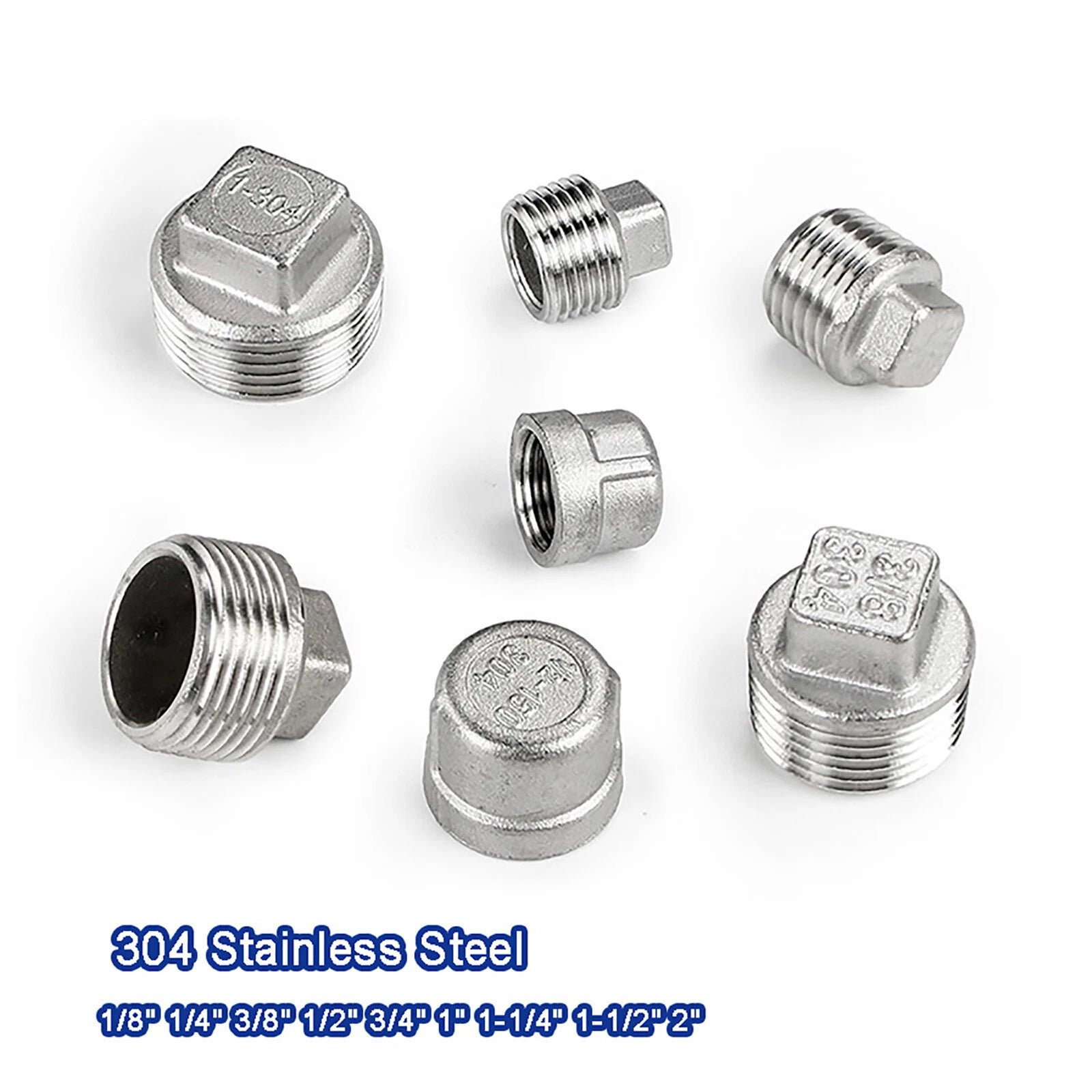 BSP 304 Stainless Steel Pipe End Cap and Plug — 1/8" to 2" Female Cap & Male Plug