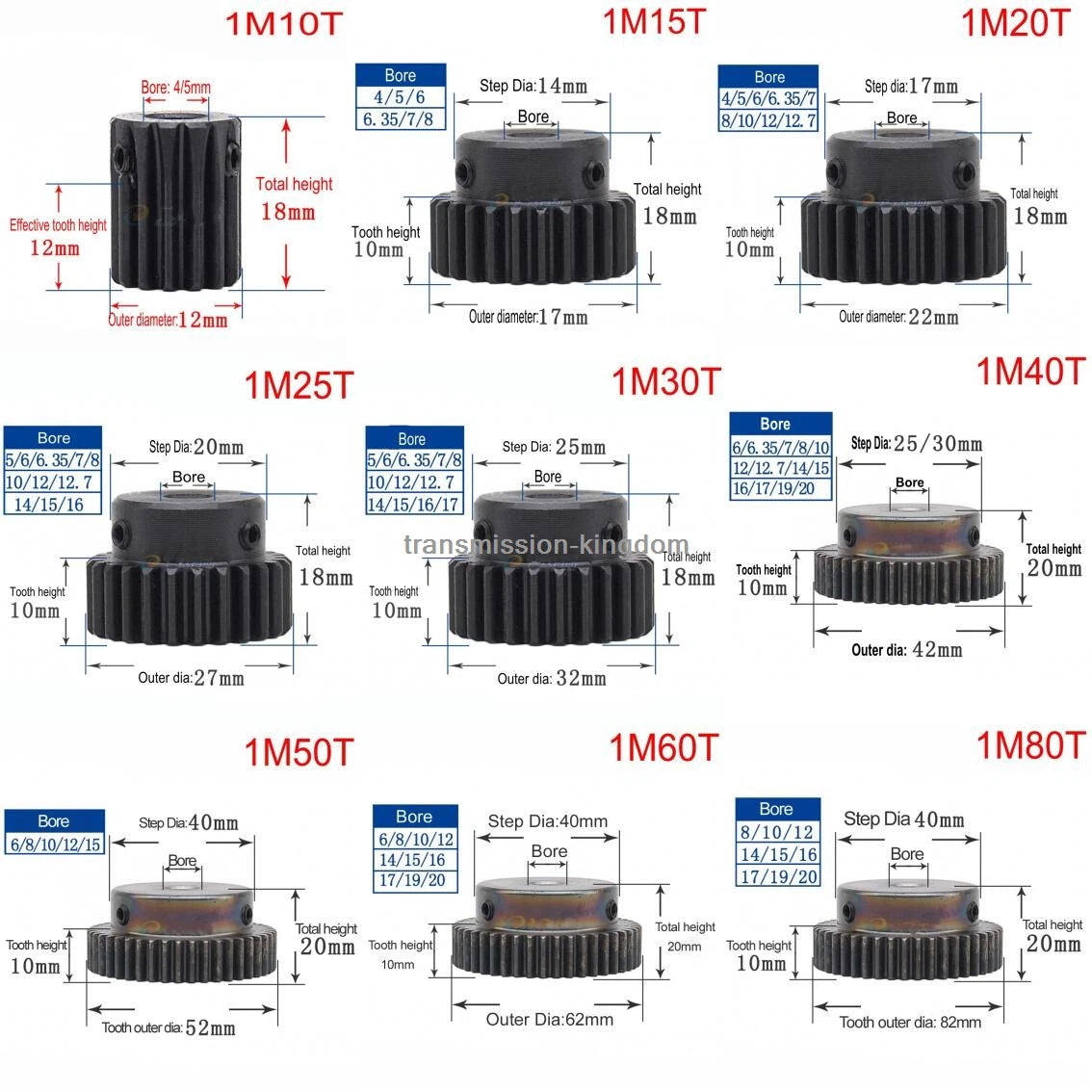 45# Steel Spur Gear With Step 1M10T-80T Pinion Gear Metal Mod 1 Motor Gear