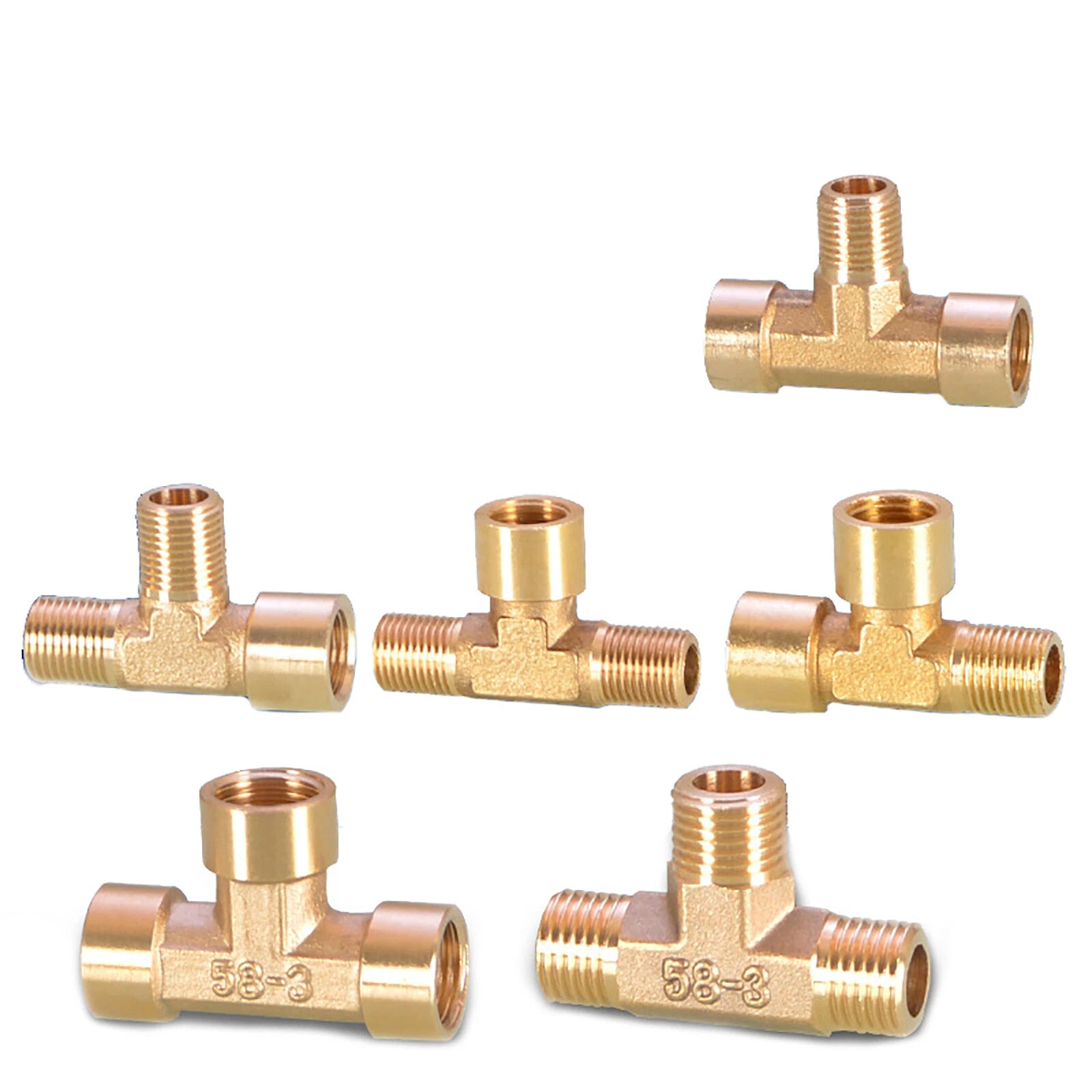 BSP Brass Tee Pipe Fittings — Male & Female Thread Combinations, 1/8" to 3/8"