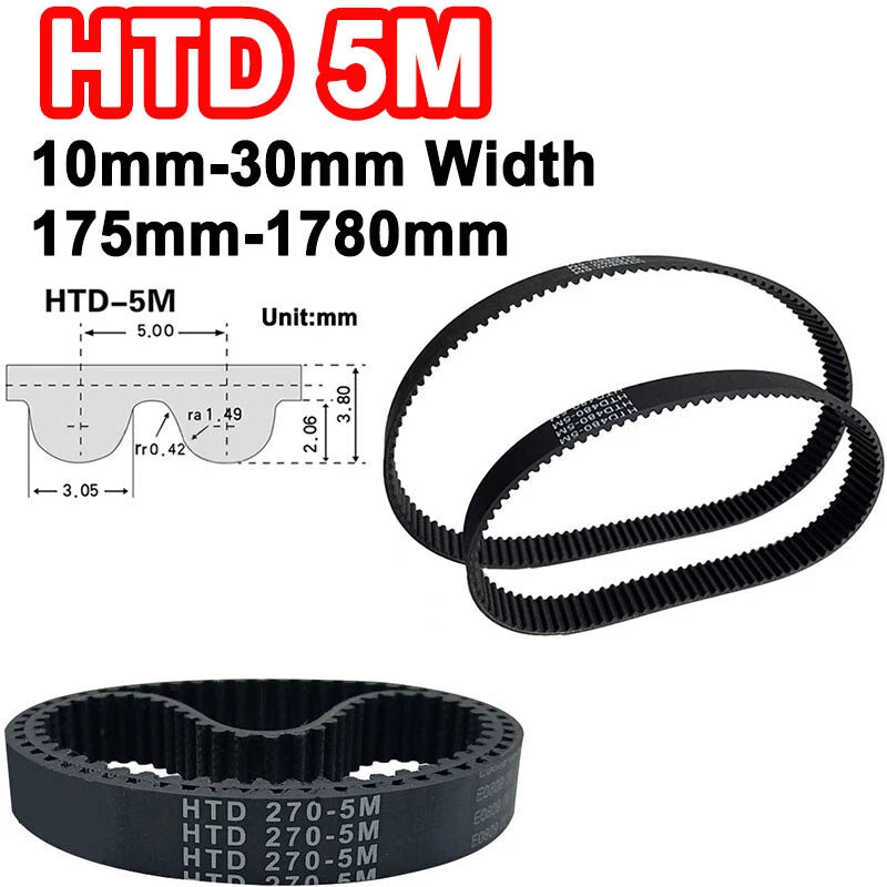 HTD 5M Timing Belt — 5mm Pitch Synchronous Drive Belt, 10/15/20/25/30mm Wide, 175mm–1780mm