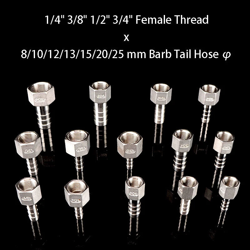 Stainless Steel Female Threaded Hose Barb Fittings — 1/4" to 3/4" NPT