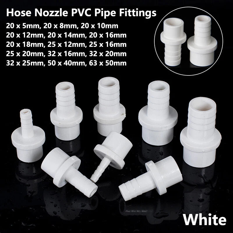 5mm - 63mm Hose Nozzle PVC Plastic Pipe Fittings Barb Connectors Sleeve White