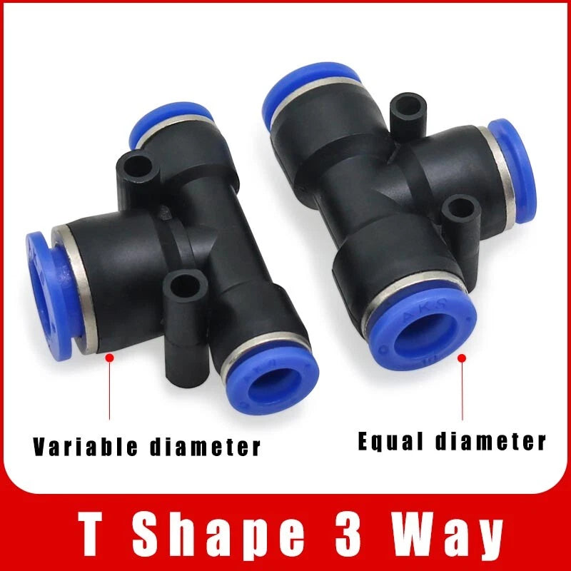 Pneumatic Push-in T-Shape 3-Way Fitting — Air Water Tube Connector PE4–PE16 & Reducing