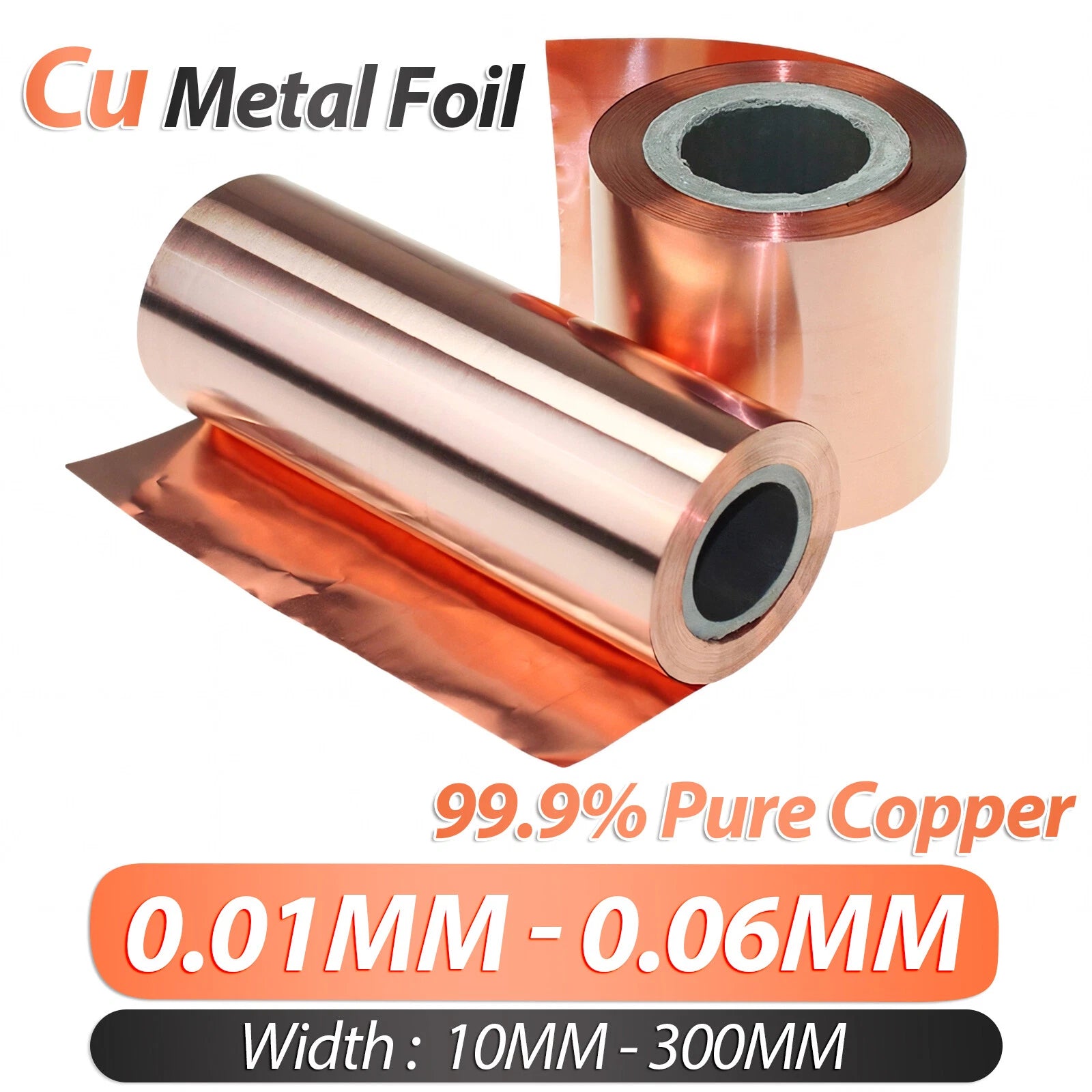 99.9% Copper Sheet Roll Metal Foil Plate 0.01mm-0.06mm Thick, 5mm-300mm Width