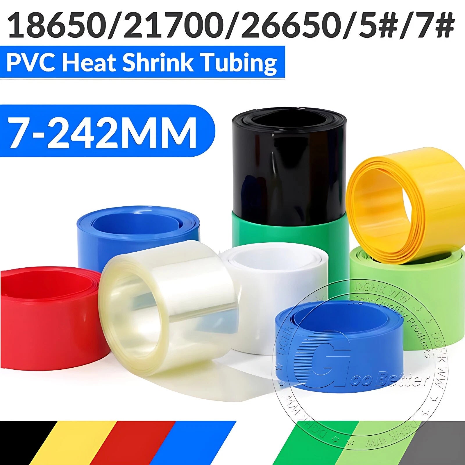 PVC Heat Shrink Tubing for Battery Packs — 7mm to 242mm, 10 Colors