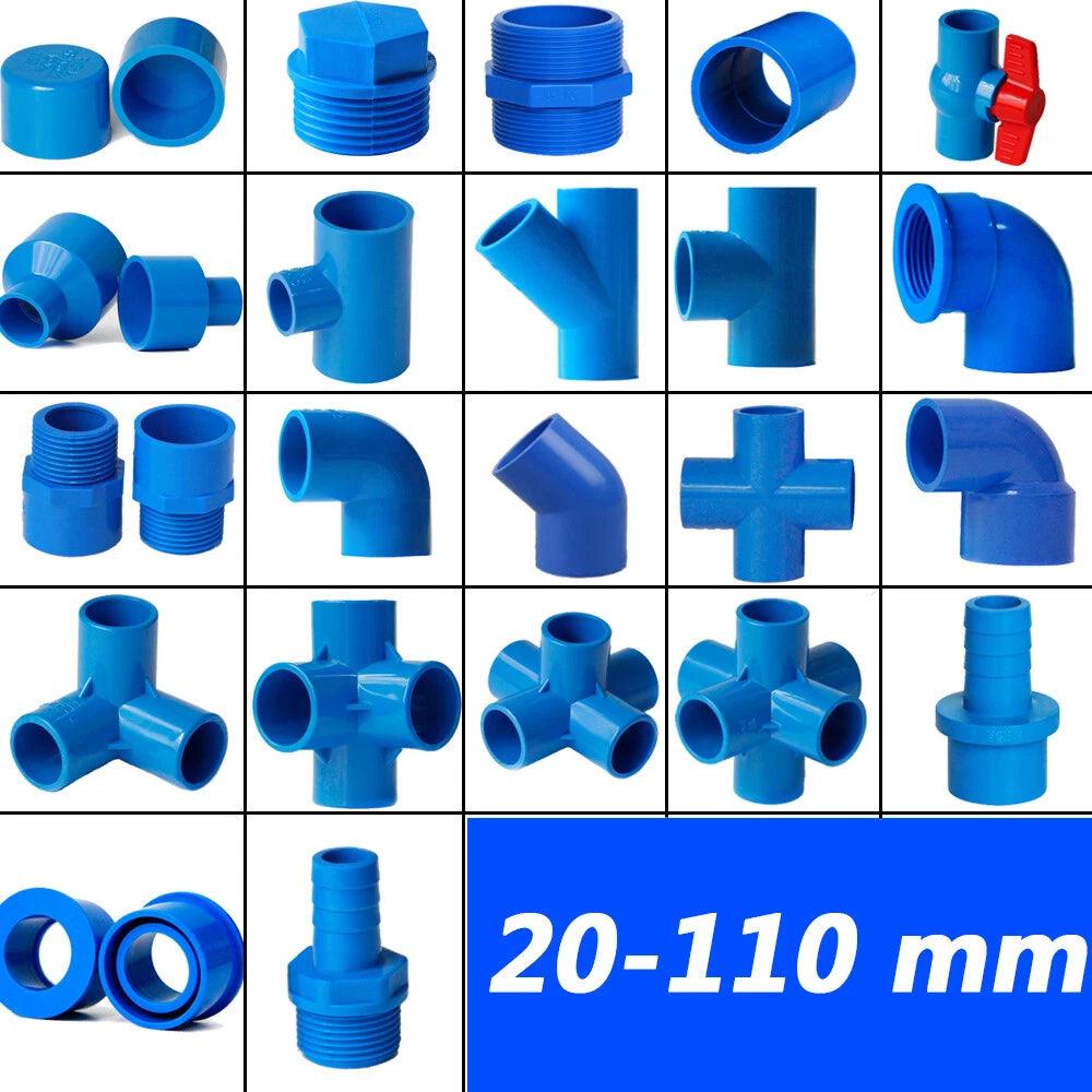 Blue PVC Pipe Adhesive Fittings Sleeves Elbow Tee Cross Reducer Caps Ball Valves