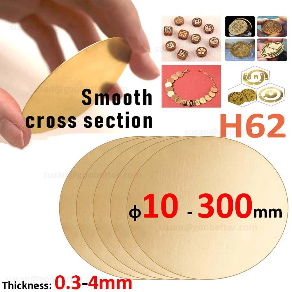 H62 Solids Brass Discs Blanks Metal Round Sheets OD 10mm-300mm Thick 0.3mm-4mm