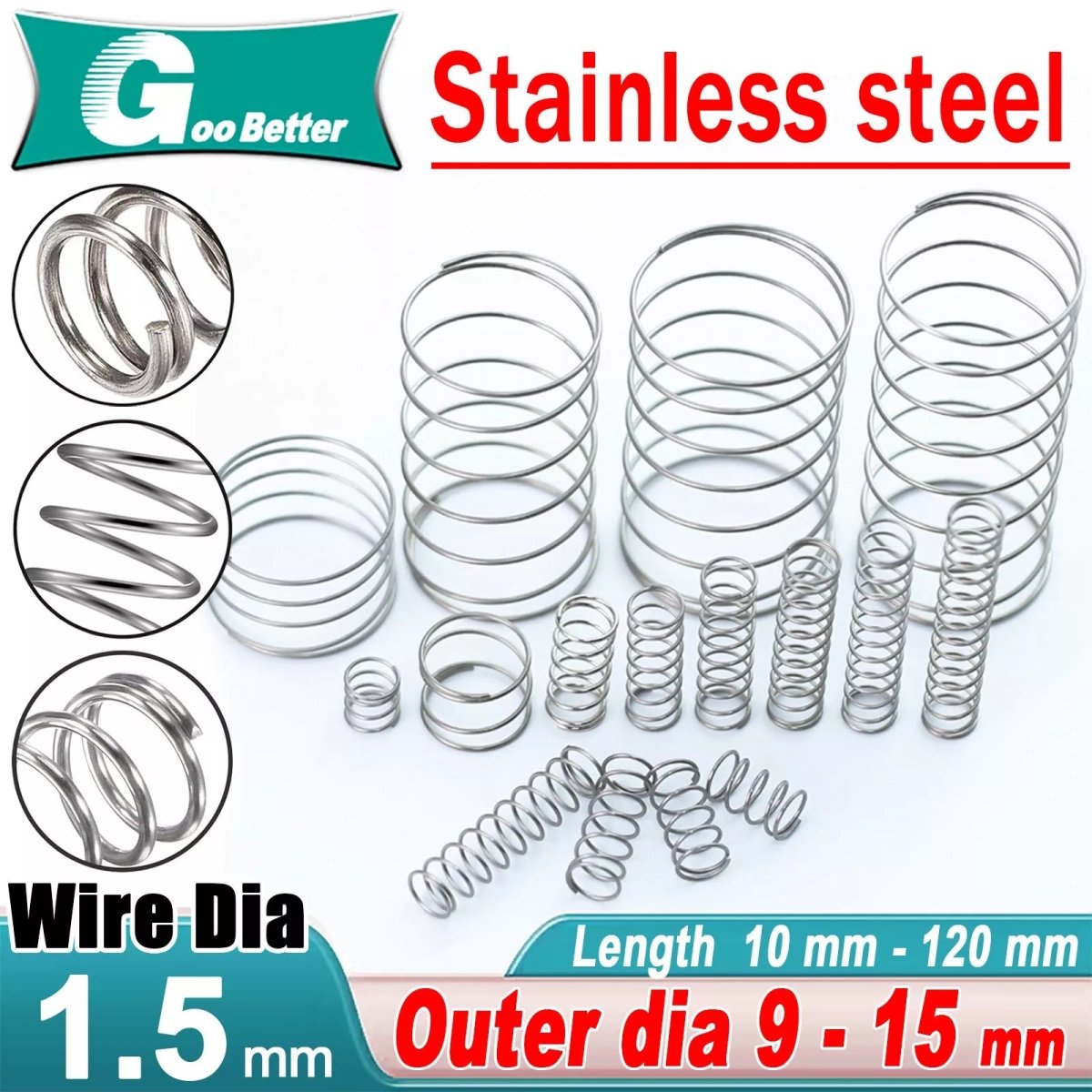 A2 Stainless steel Small Compression Springs Wire Dia.1.5mm OD 9 - 15mm L:10 - 120mm - HomeDIYer