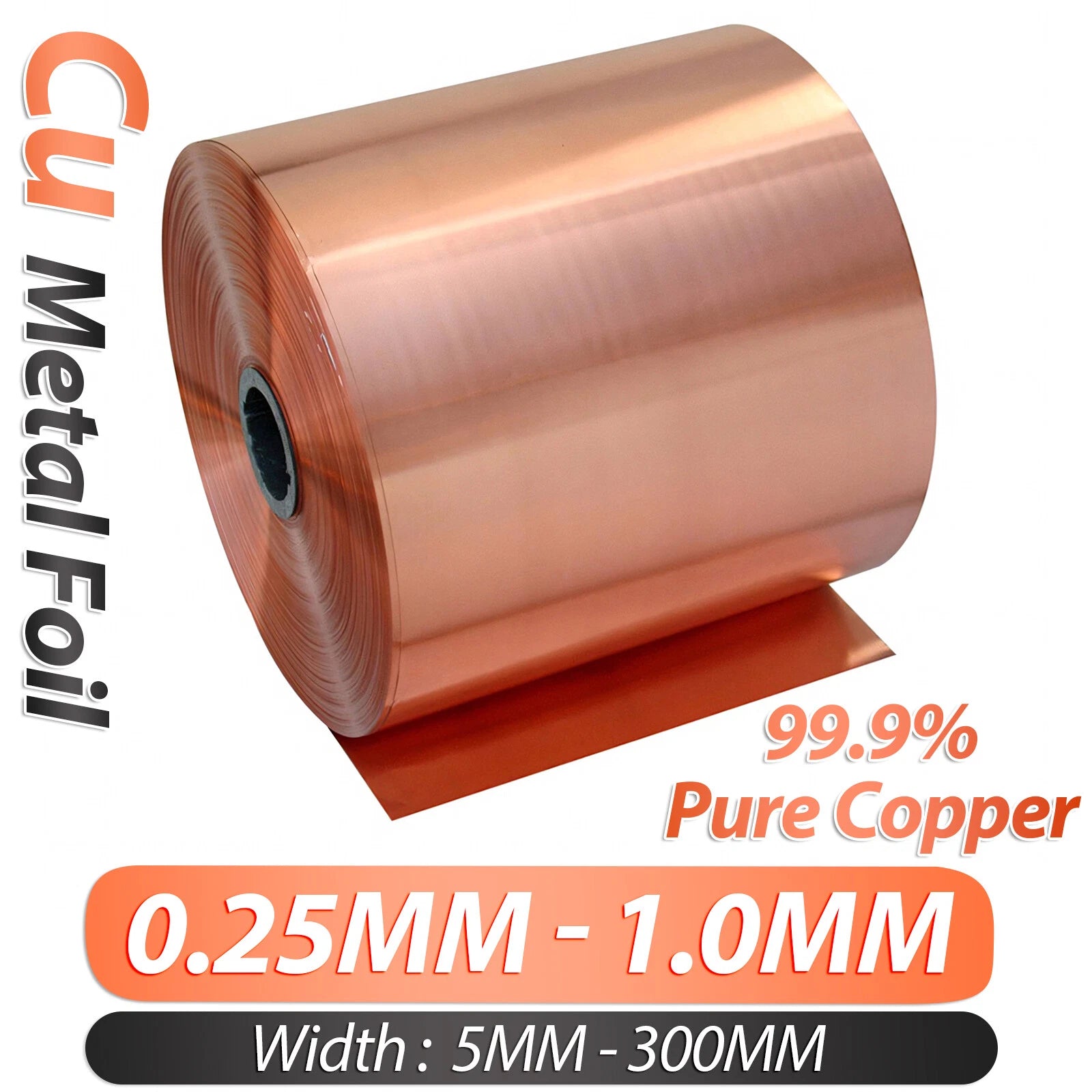 99.9% Copper Sheet Roll Metal Foil Plate 0.25mm-1.0mm Thick, 5mm-300mm Width