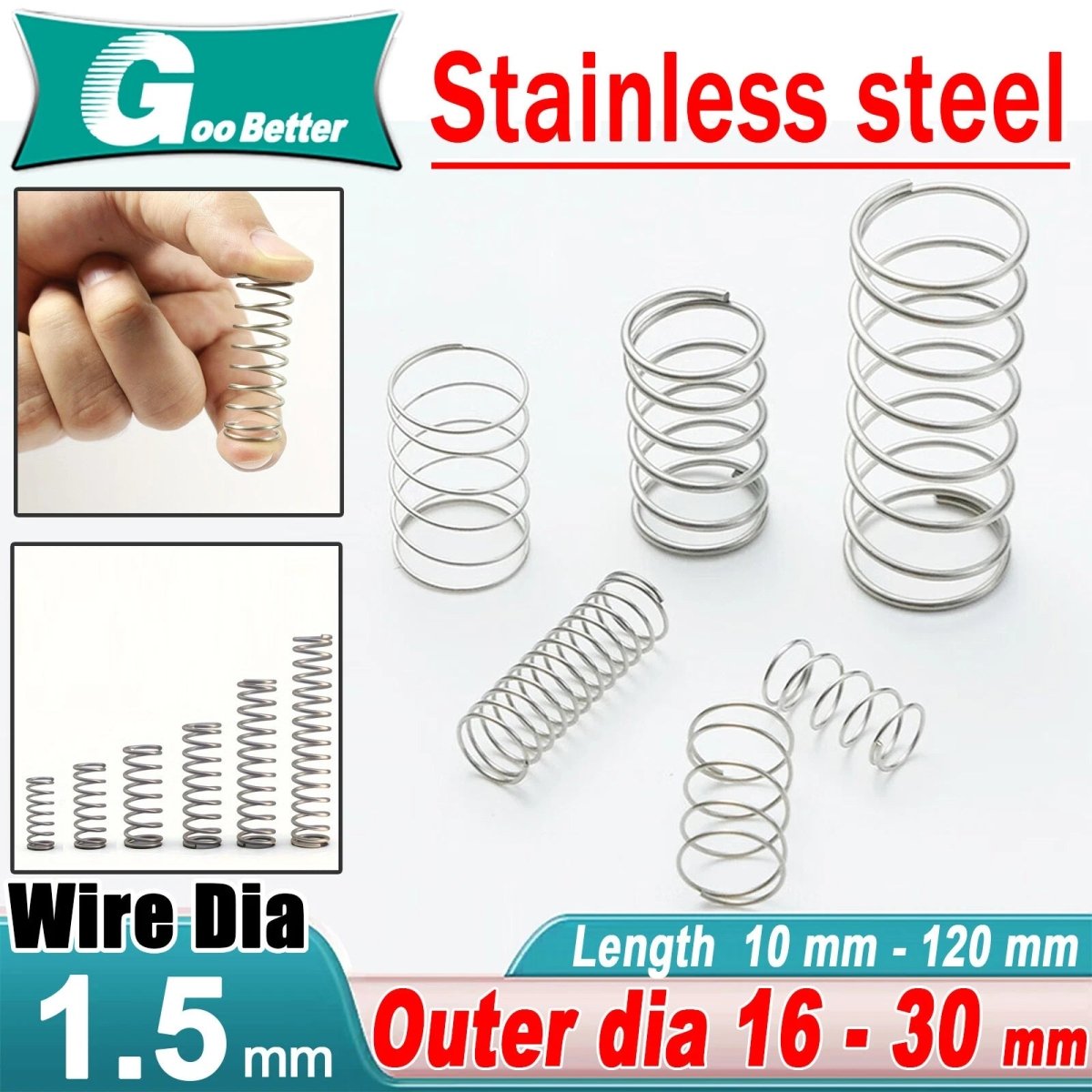 1.5mm Wire 304 Compression Spring Small 16mm - 30 mm Diameter Pressure Compressed - HomeDIYer
