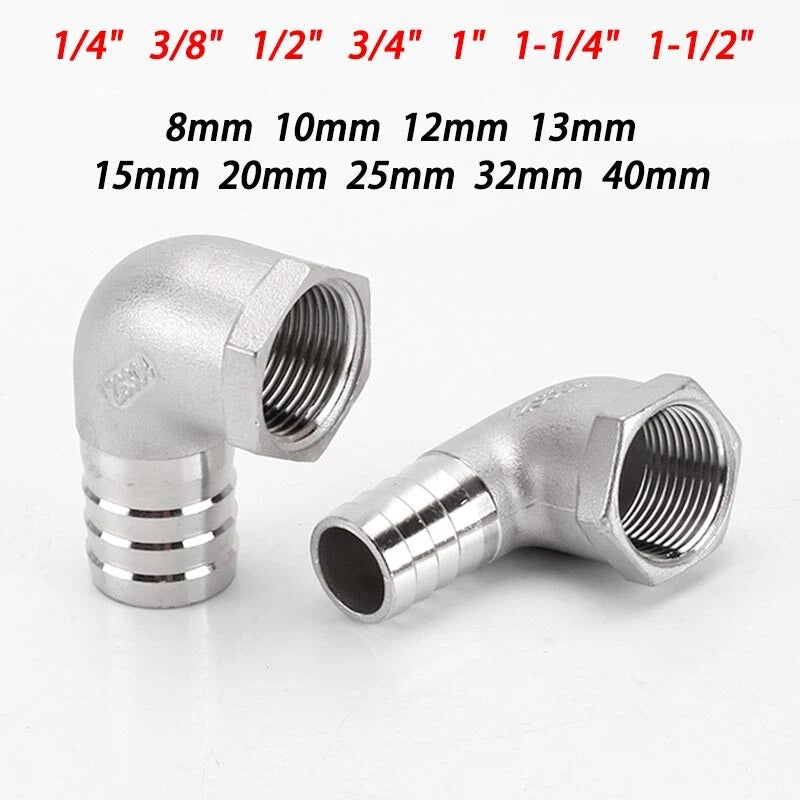Stainless Steel Female Fitting x Barb Hose Tail End Elbow Connector 1 4" - 11 2"