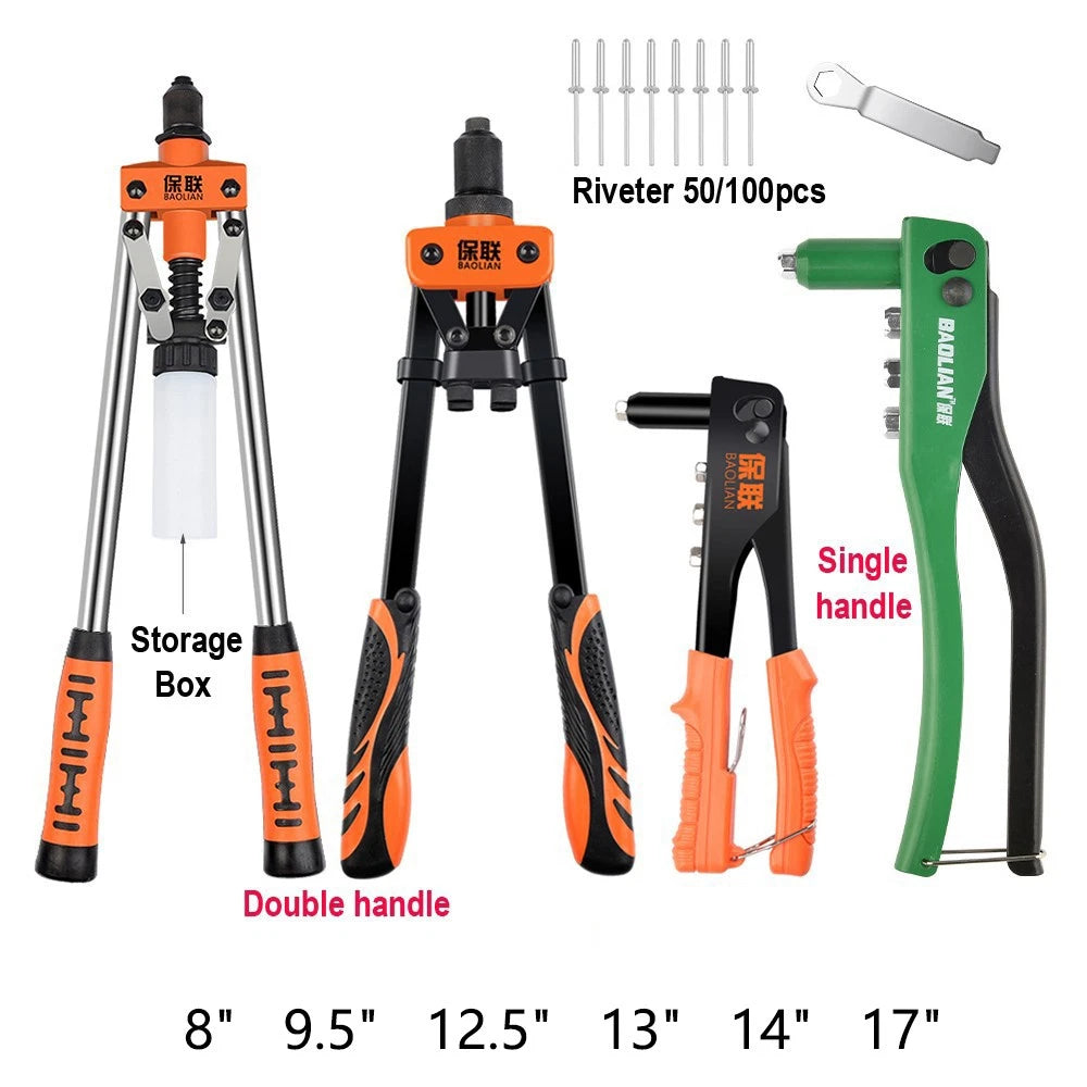 8"-17" Heavy Duty Hand Pop Rivet Gun Tool Kit With Rivets 4 Nozzle Head Wrench