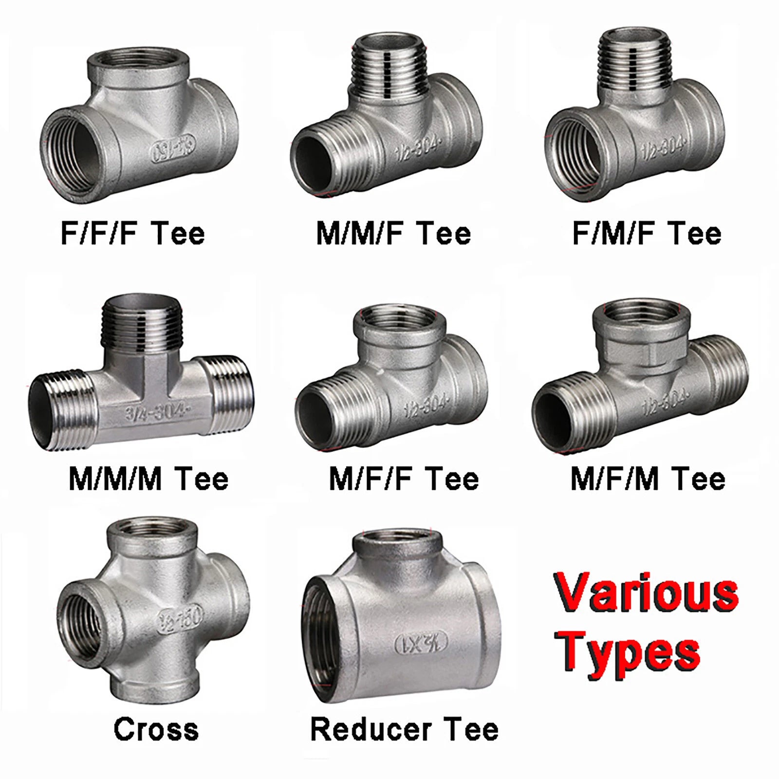 BSP Tee & Cross Pipe Fittings — 304 Stainless Steel, 1/8" to 2", Equal & Reducer