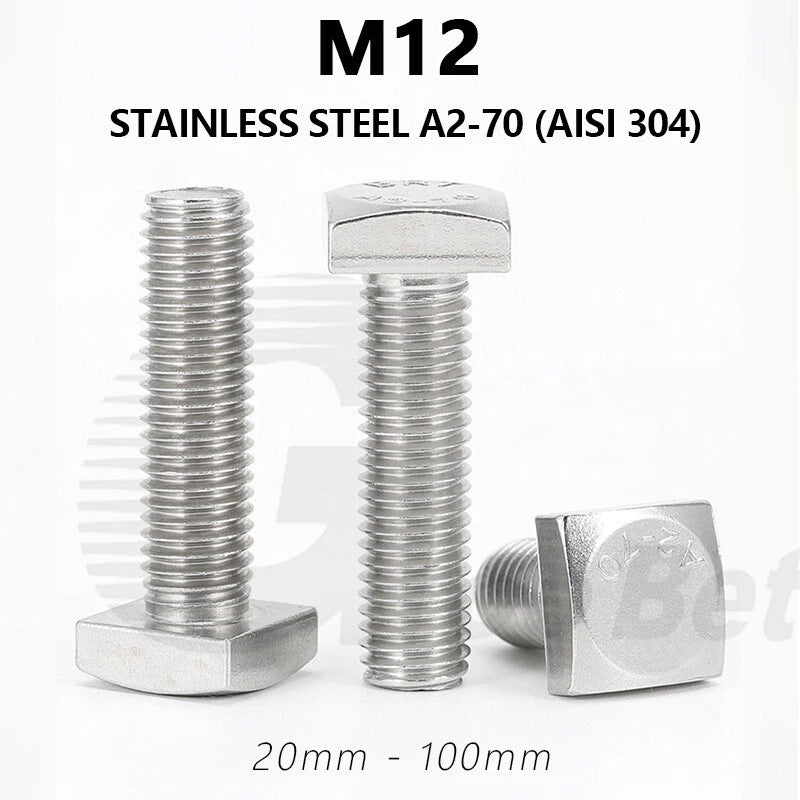 M12 T - Bolt Square Head Screws for T - Slot Aluminum Profile — Stainless Steel A2 304 - HomeDIYer
