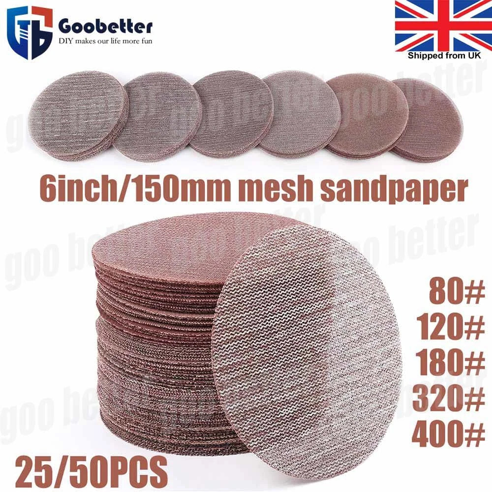 150mm Mesh Sanding Discs — P80 to P400 Grit 6‑Inch Hook & Loop Sandpaper 25/50 Pack