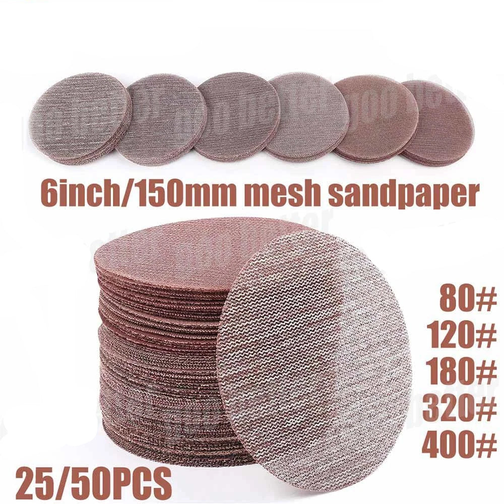 150mm Mesh Sanding Discs — P80 to P400 Grit 6‑Inch Hook & Loop Sandpaper 25/50 Pack