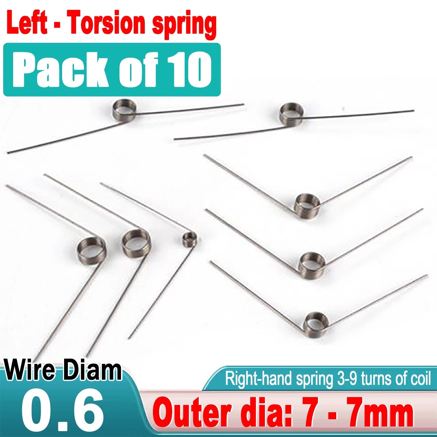 10pcs Spring Steel Torsion Springs, Wire Dia 0.6mm, Coil 3-9 Turns, Left Spring
