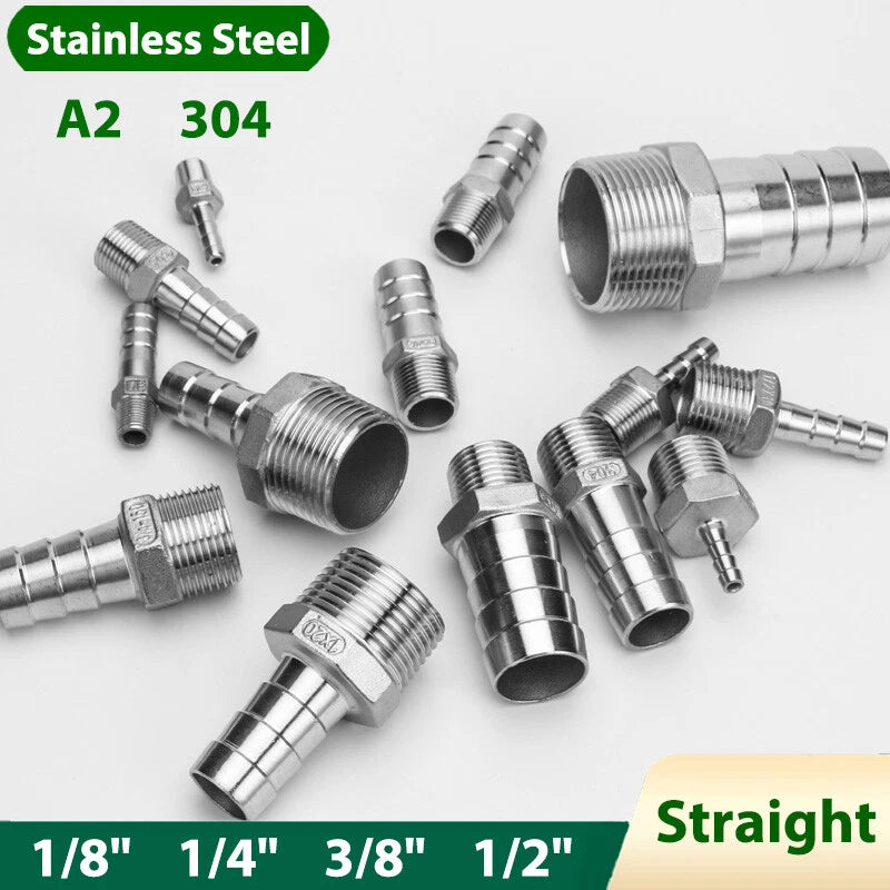 A2 Stainless Steel Straight Barb Hose Connector — Male Thread, 6mm to 20mm Tubing