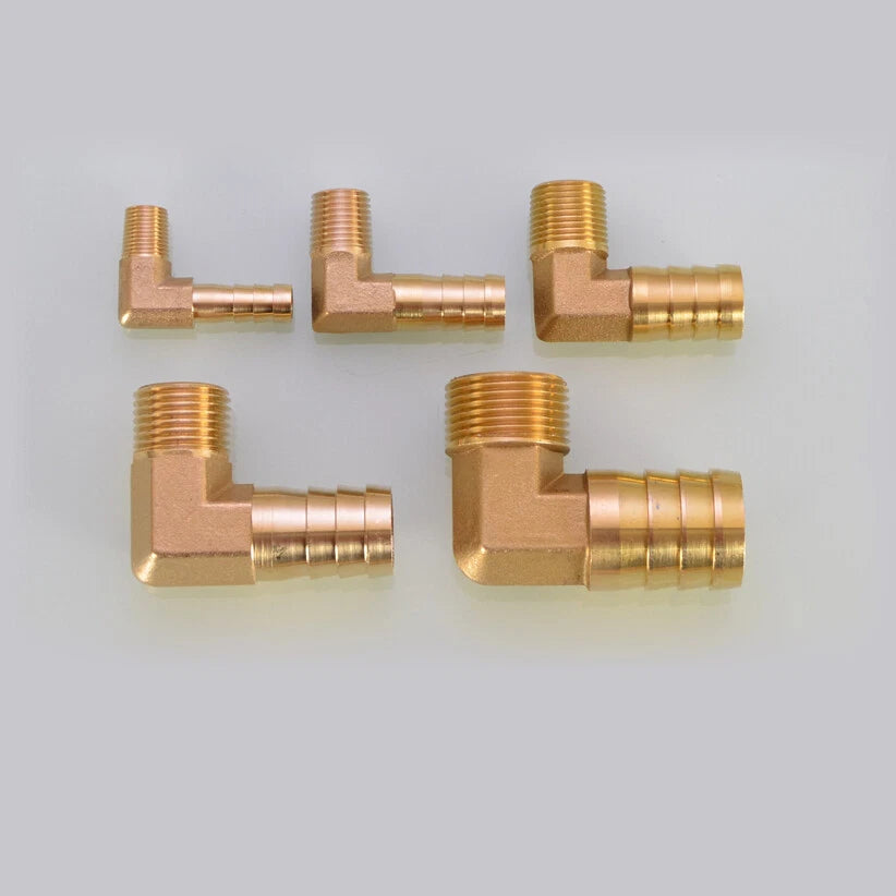 Brass Hose Barb Elbow Fittings — Male BSP to Metric Barb, 1/8" to 3/4" BSP
