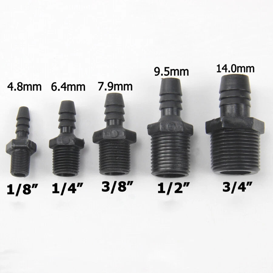 NPT Male Straight Barb Hose Connector — PE Plastic, Air & Water, 1/8" to 3/4"