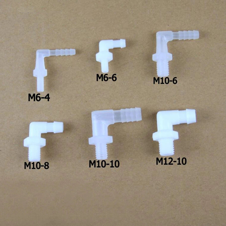 90 Degree Male Thread Barbed Elbow Hose Connector — M6 to M12 × 4mm–10mm Barb