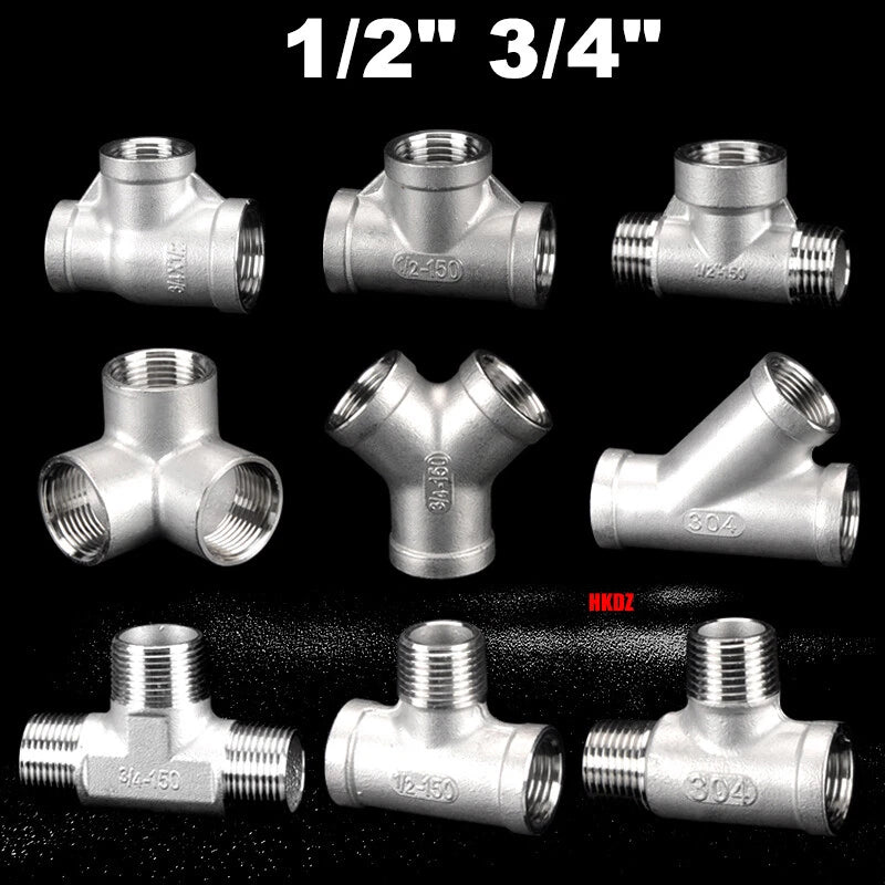 304 Stainless Steel BSP 3-Way Pipe Fitting — 1/4" to 2" Female & Male Thread Tee Connector