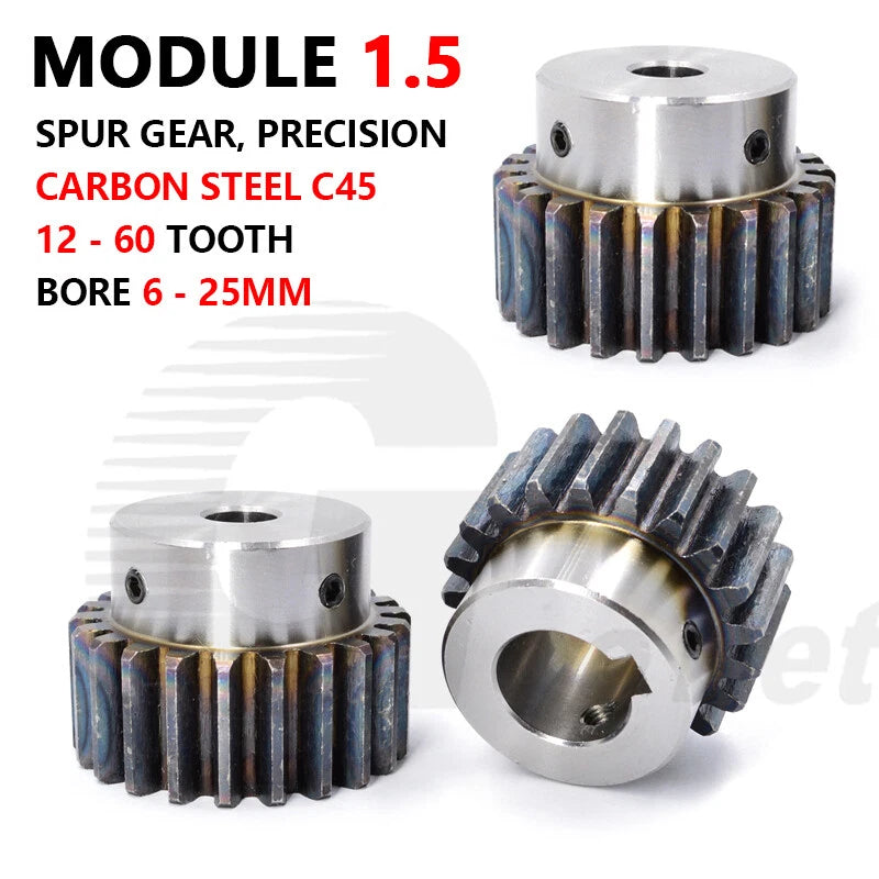 Spur Gear C45 Steel Mod 1.5 with Hub 12-60 Tooth Motor Pinion Hardened Precision